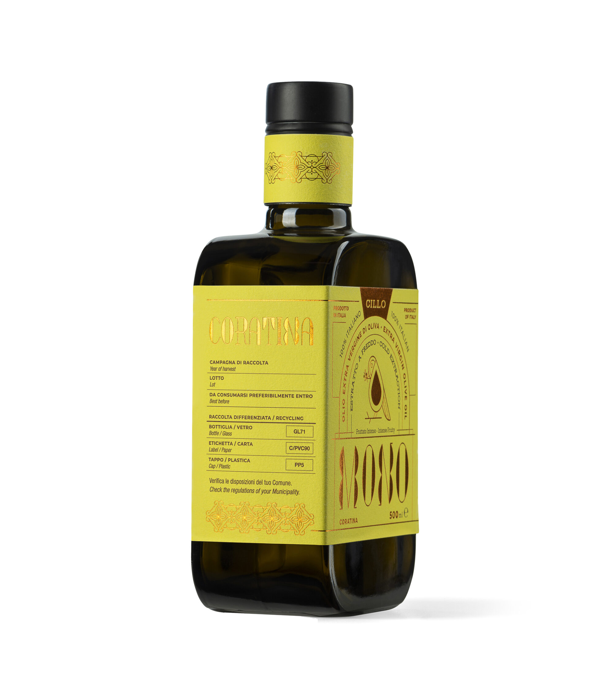Olio extravergine di oliva Monocultivar Coratina, Lato1, 500ml, Francesco Cillo EVO Oils.