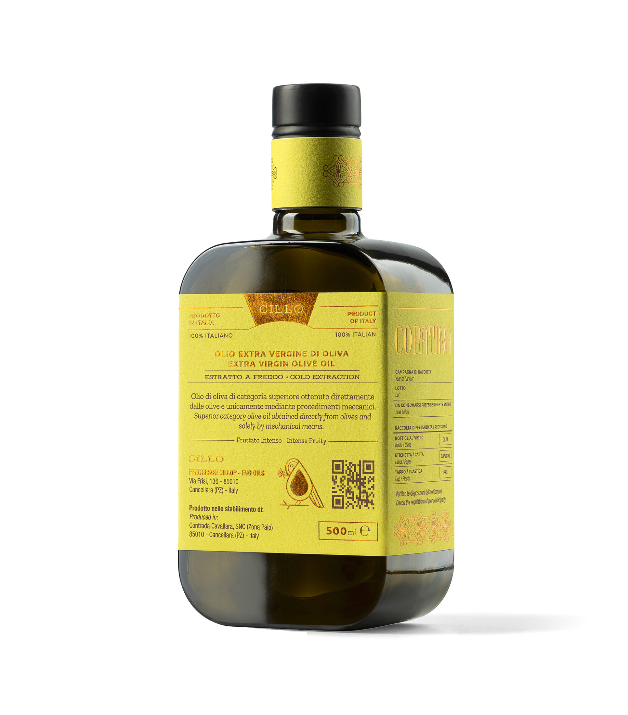 Olio extravergine di oliva Monocultivar Coratina, Retro, 500ml, Francesco Cillo EVO Oils.