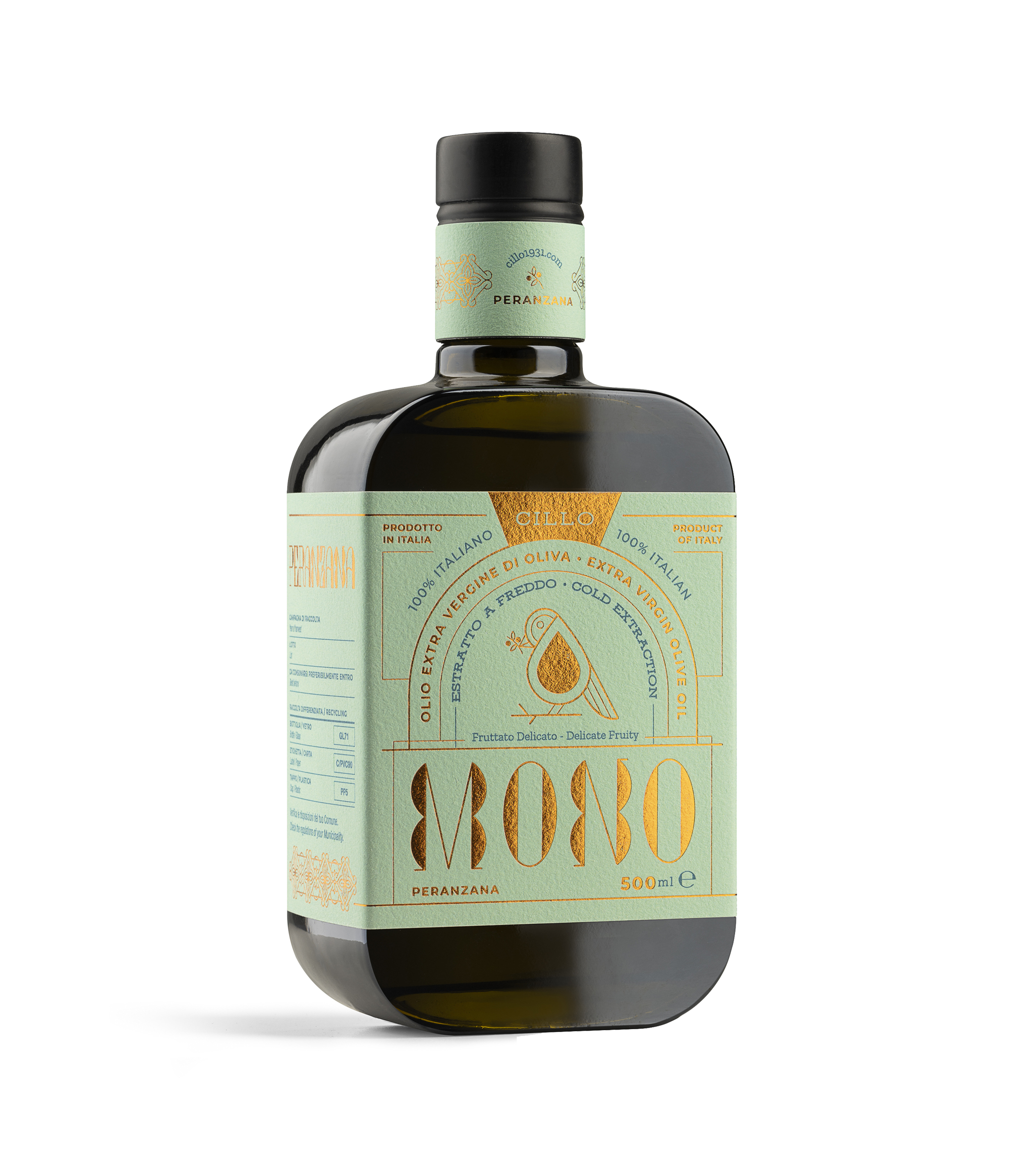Olio extravergine di oliva Monocultivar Peranzana, Fronte, 500ml, Francesco Cillo EVO Oils.