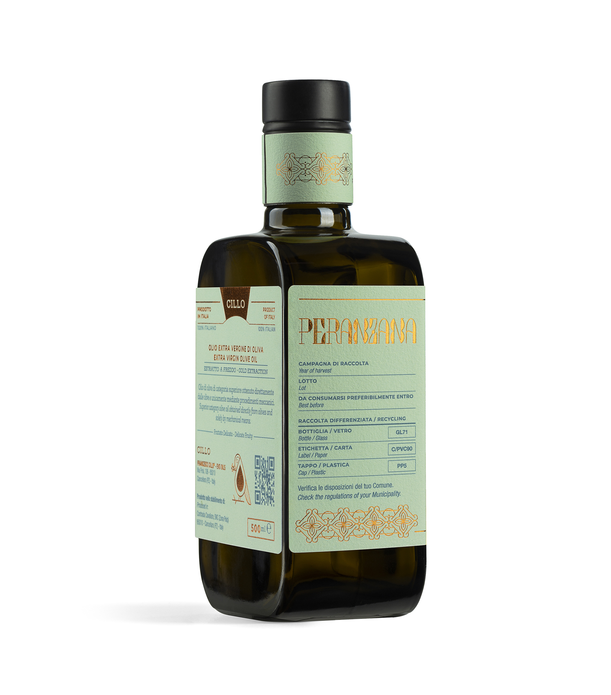 Olio extravergine di oliva Monocultivar Peranzana, Lato2, 500ml, Francesco Cillo EVO Oils.