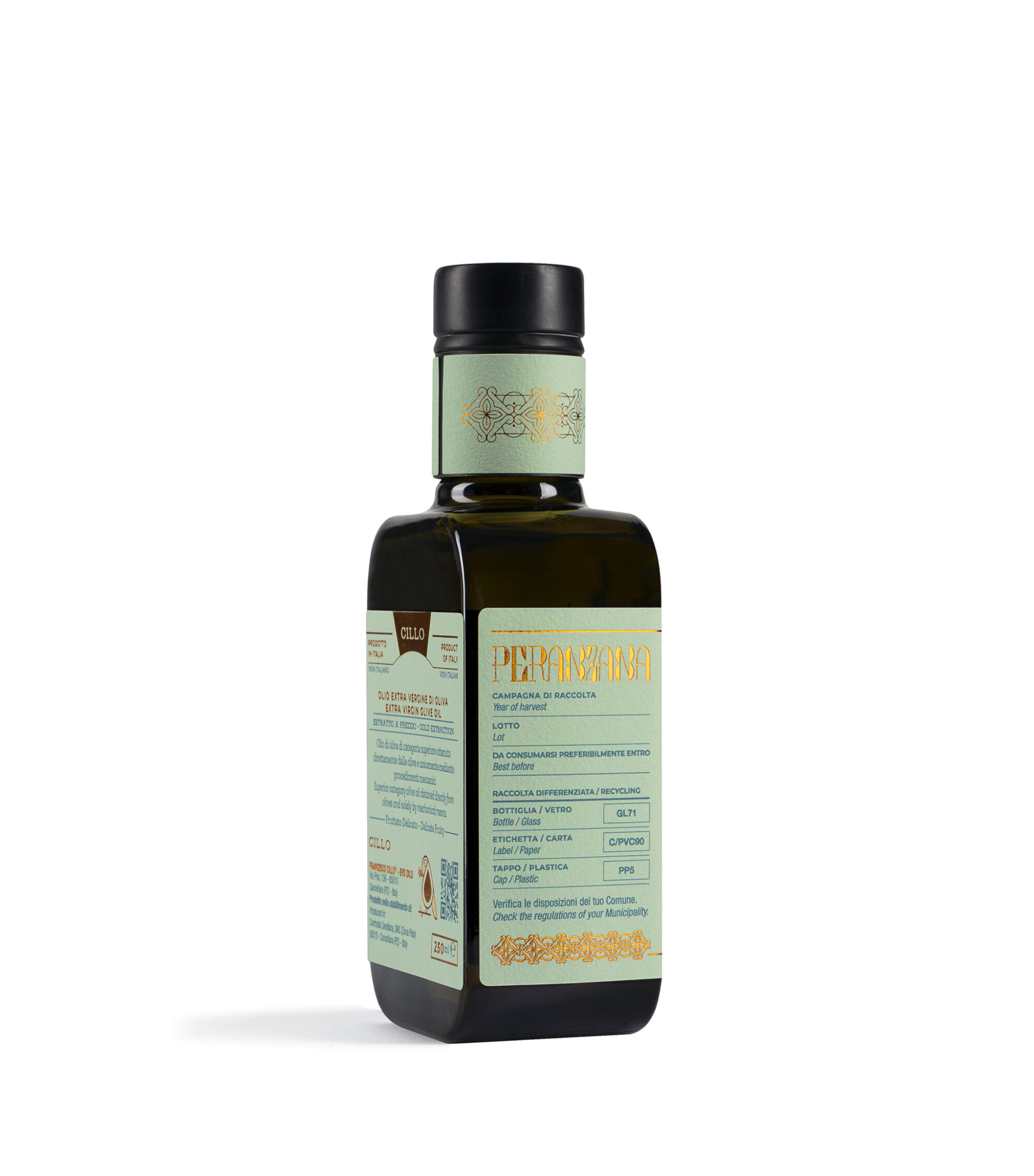 Olio extravergine di oliva Monocultivar Peranzana, Lato1, 250ml, Francesco Cillo EVO Oils.