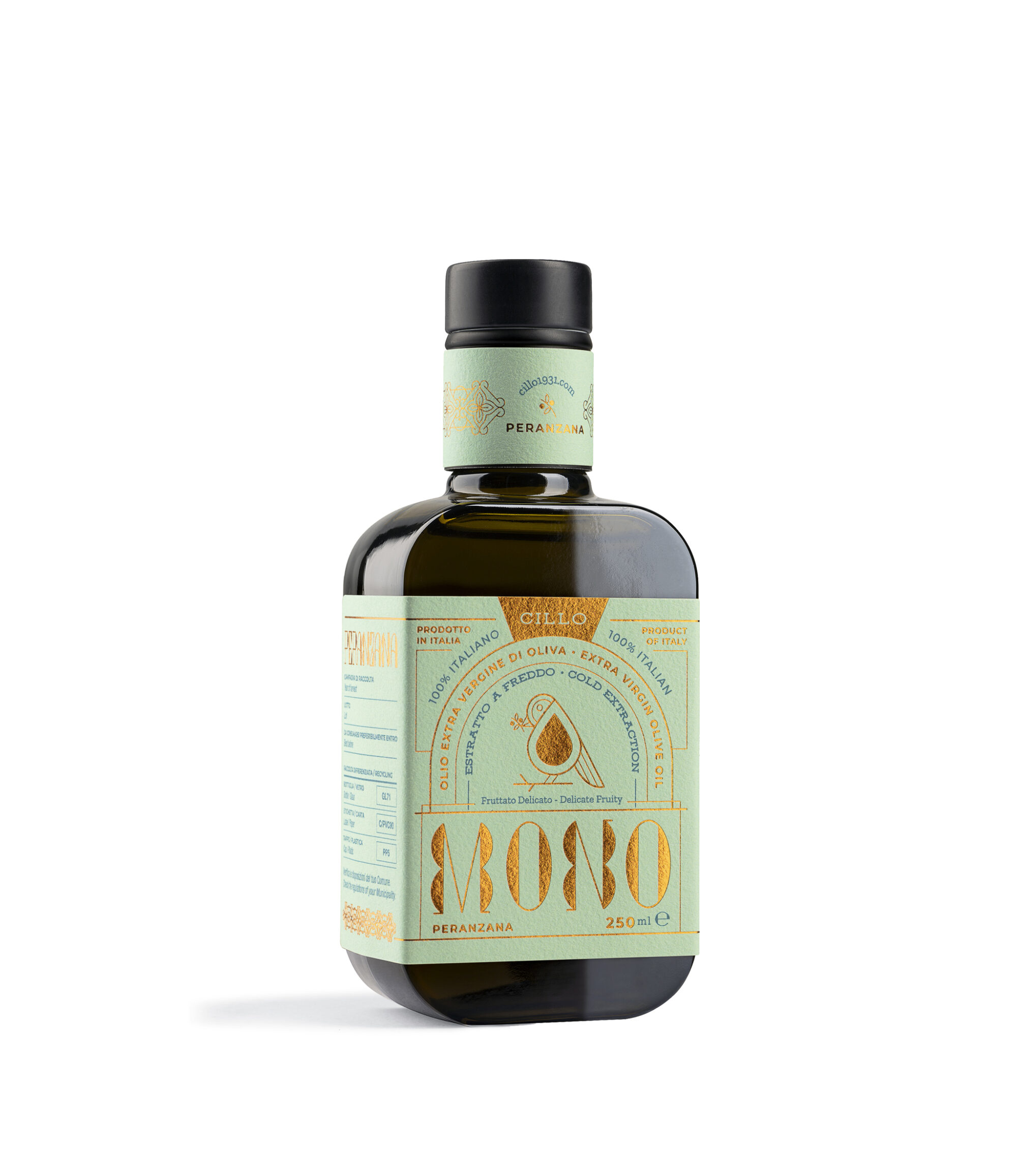 Olio extravergine di oliva Monocultivar Peranzana, Fronte, 250ml, Francesco Cillo EVO Oils.